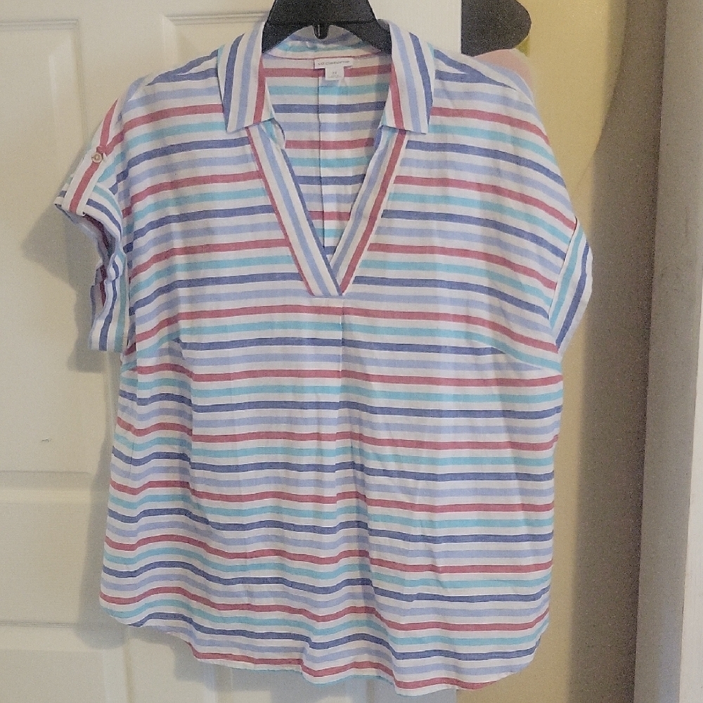 Liz Claiborne Sz2X Linen,Cotton blend multi color Striped Vneck Short Sleeve Top